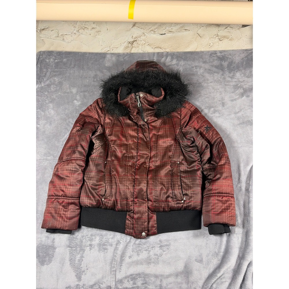 ZeroXposur Womens Digi Puffer Jacket Faux Fur Hood Seal Brown Red L 933207